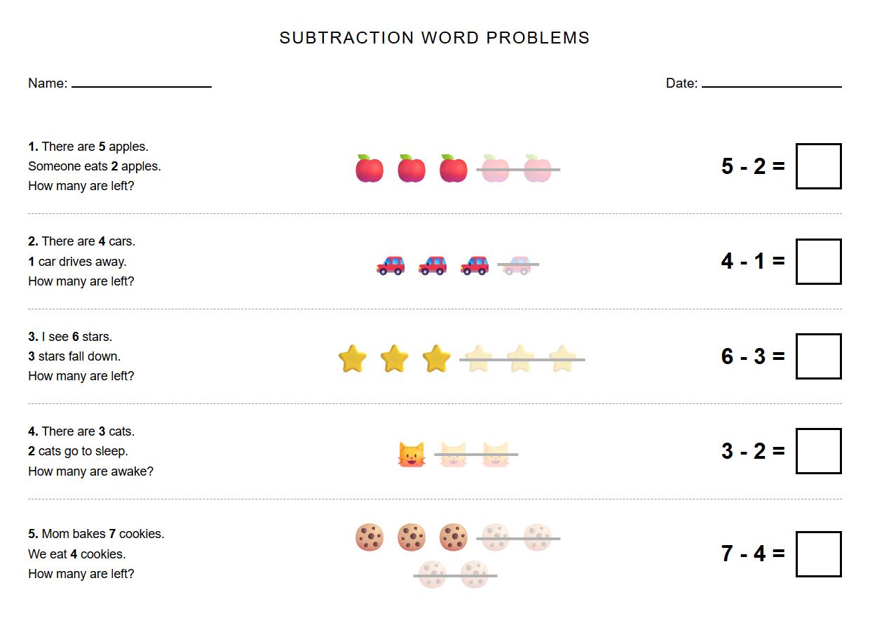 Subtraction Word Problems with Illustrations Worksheet