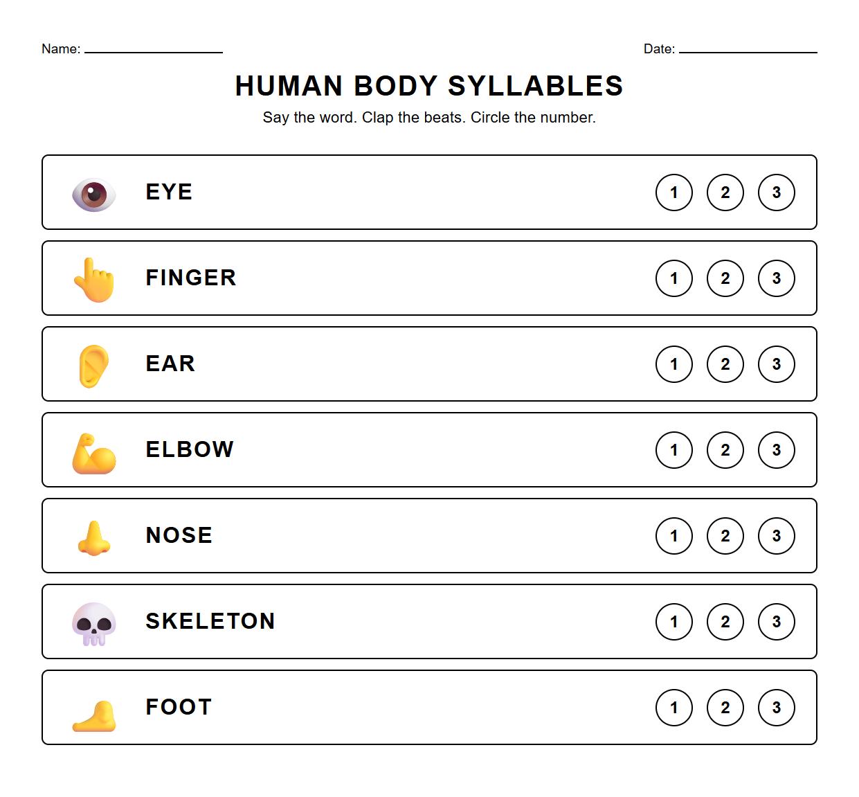 Syllable Counting Human Body Vocabulary Page