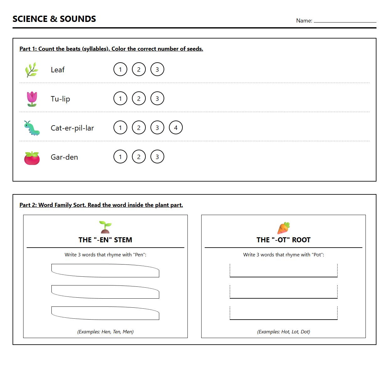 Syllable counting word families with roots stem leaf context