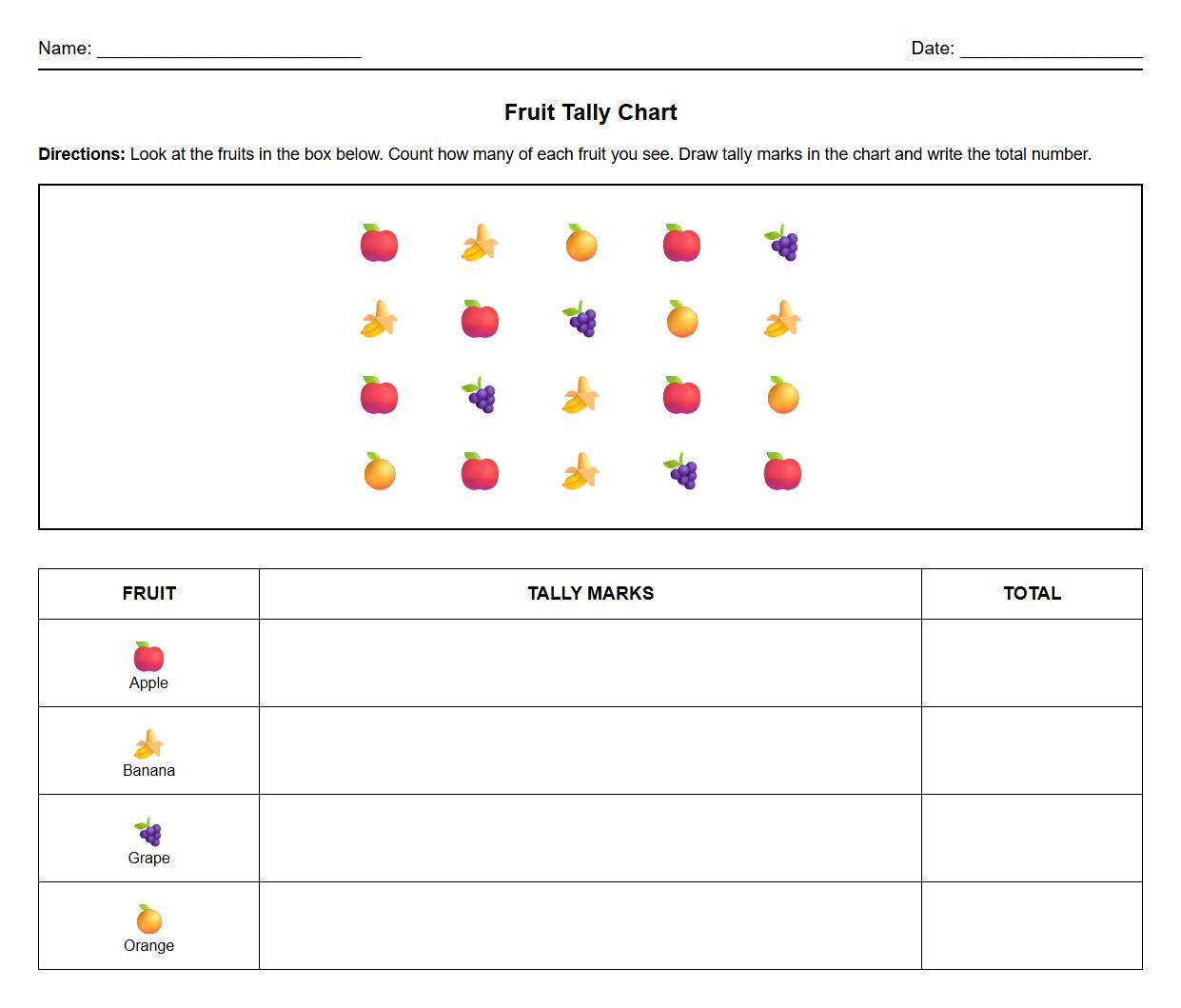 Tally chart worksheet with fruit images for counting and recording observations
