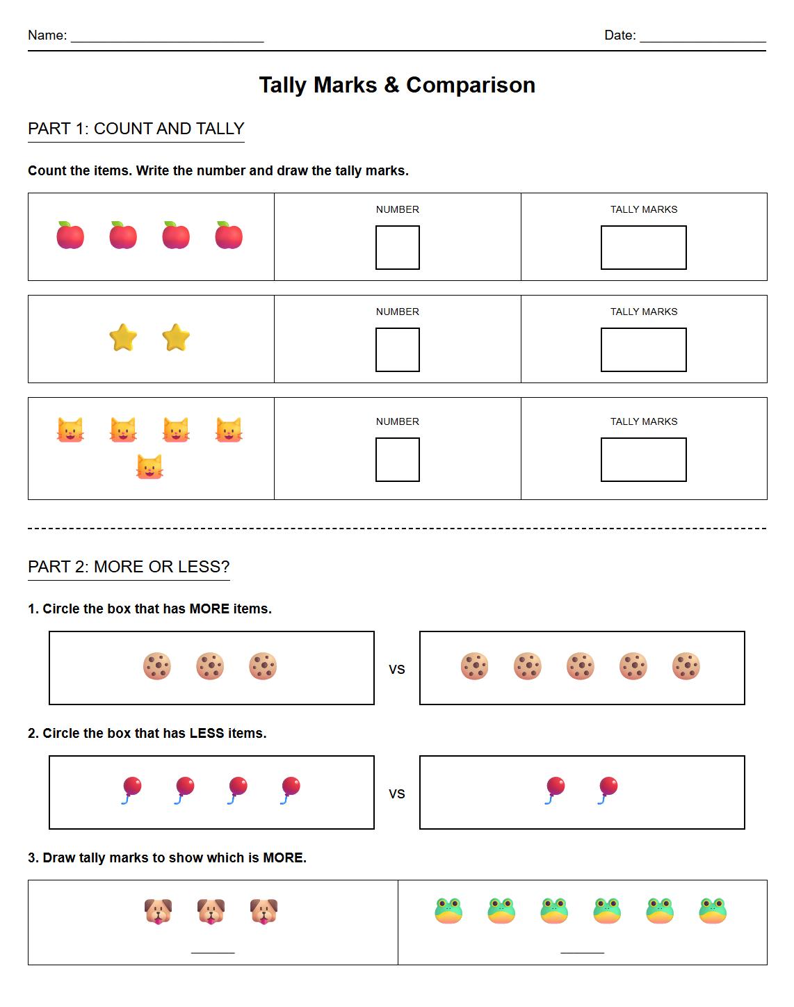 Tally Marks Counting and Comparison Worksheet highlighting More Versus Less