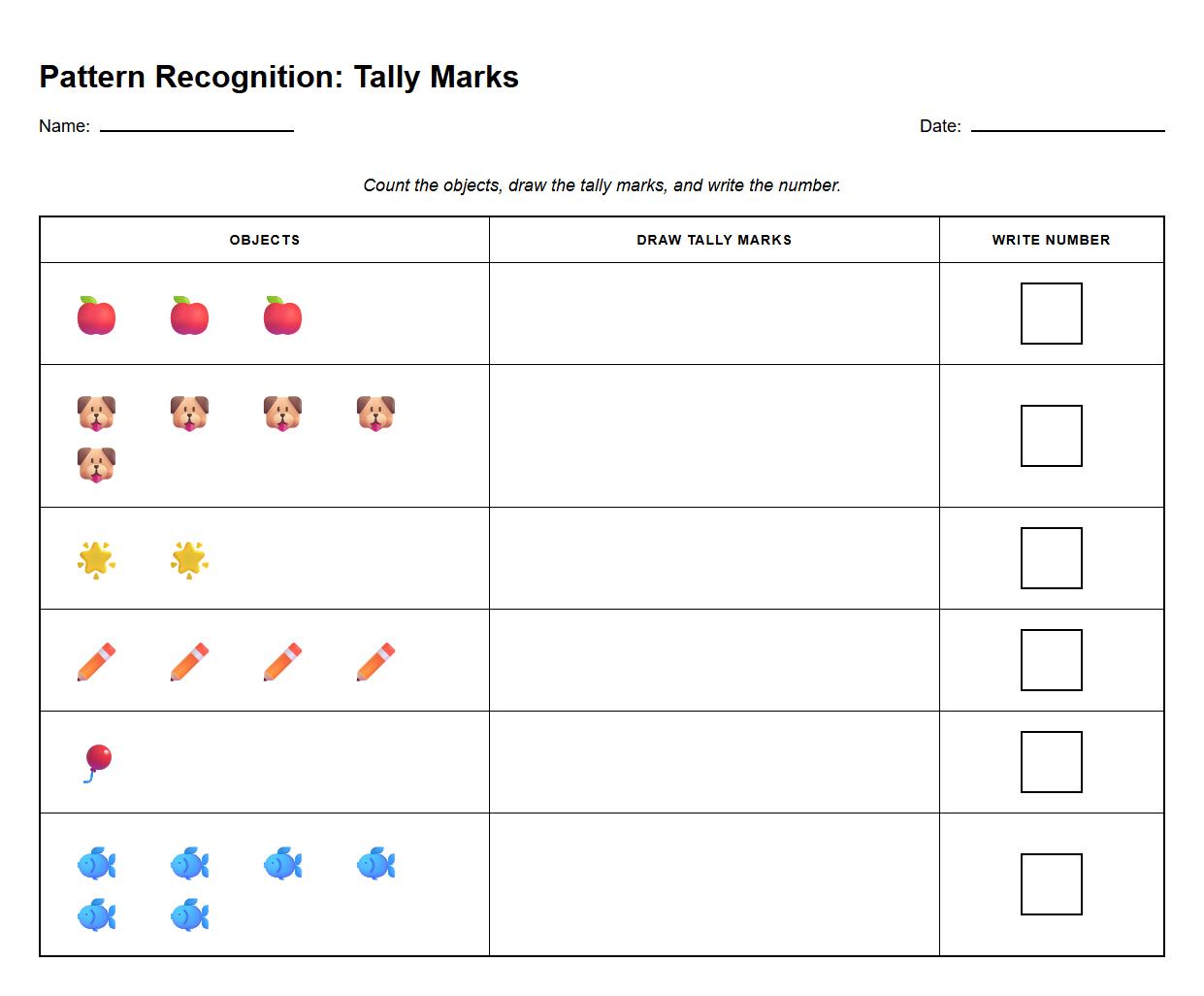 Tally Marks Pattern Recognition Worksheet