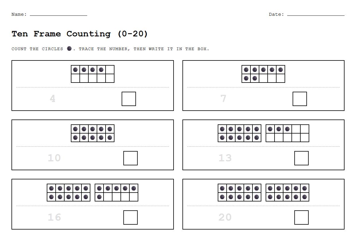 Ten Frame Counting and Number Writing 0 to 20 Exercise