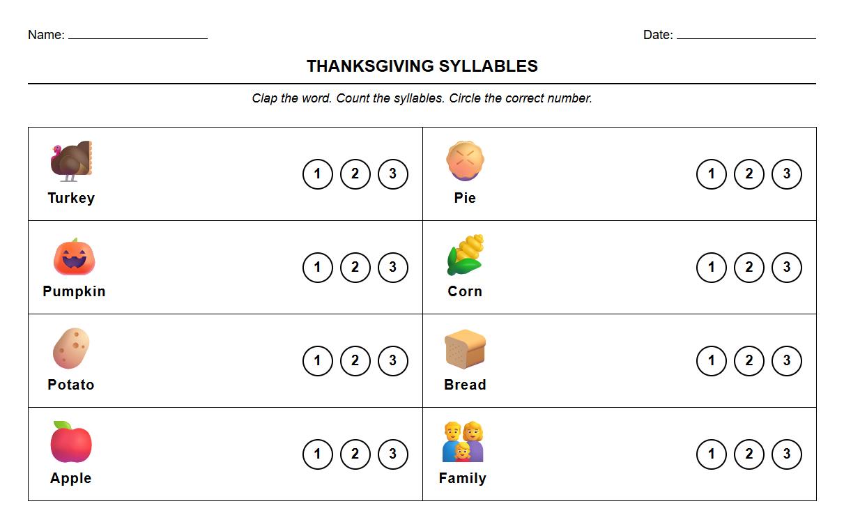 Thanksgiving syllable clapping worksheet