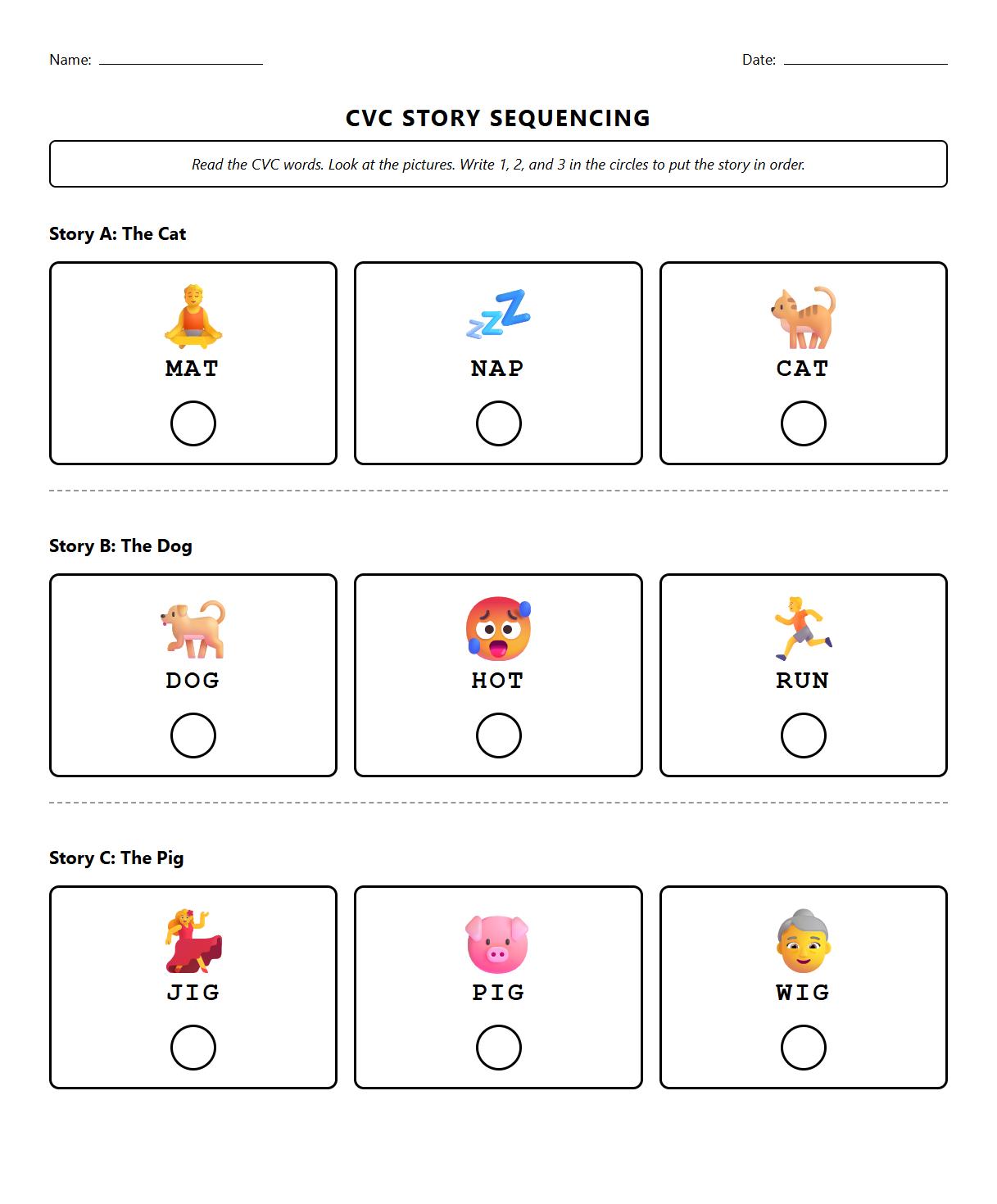 Thematic Sequencing Worksheets Using CVC Words