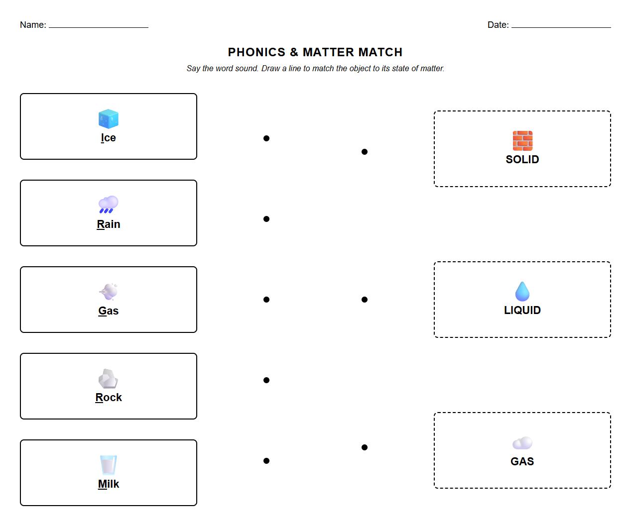 Themed worksheet integrating Phonics and Science for matching objects to state of matter