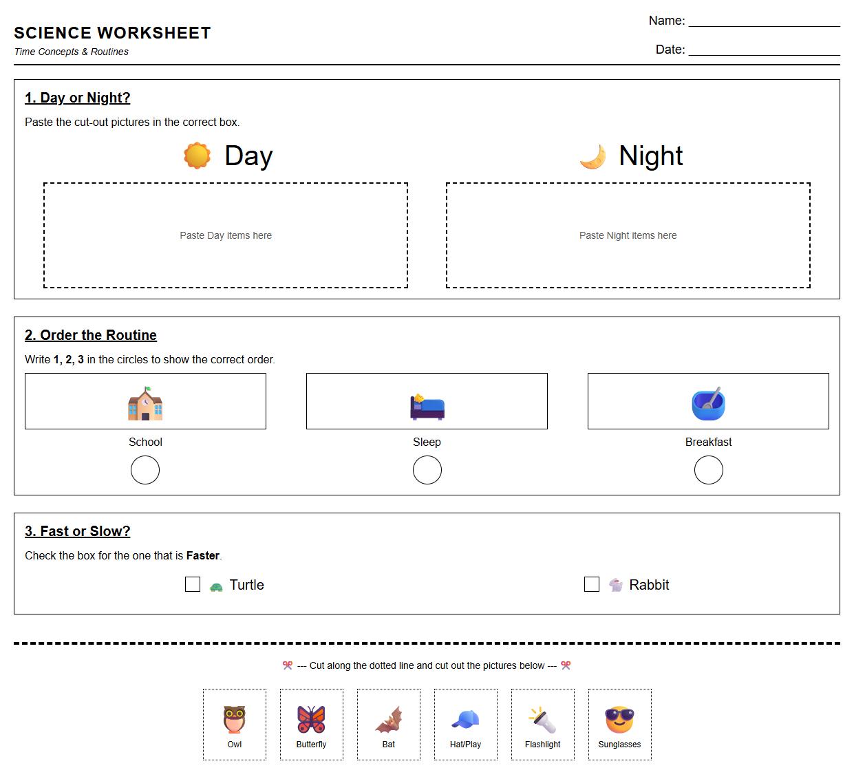 Time Concepts and Routine Sorting Worksheet