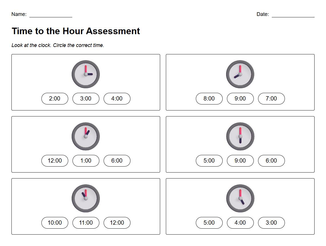 Time to the Hour Multiple Choice Assessment Worksheet
