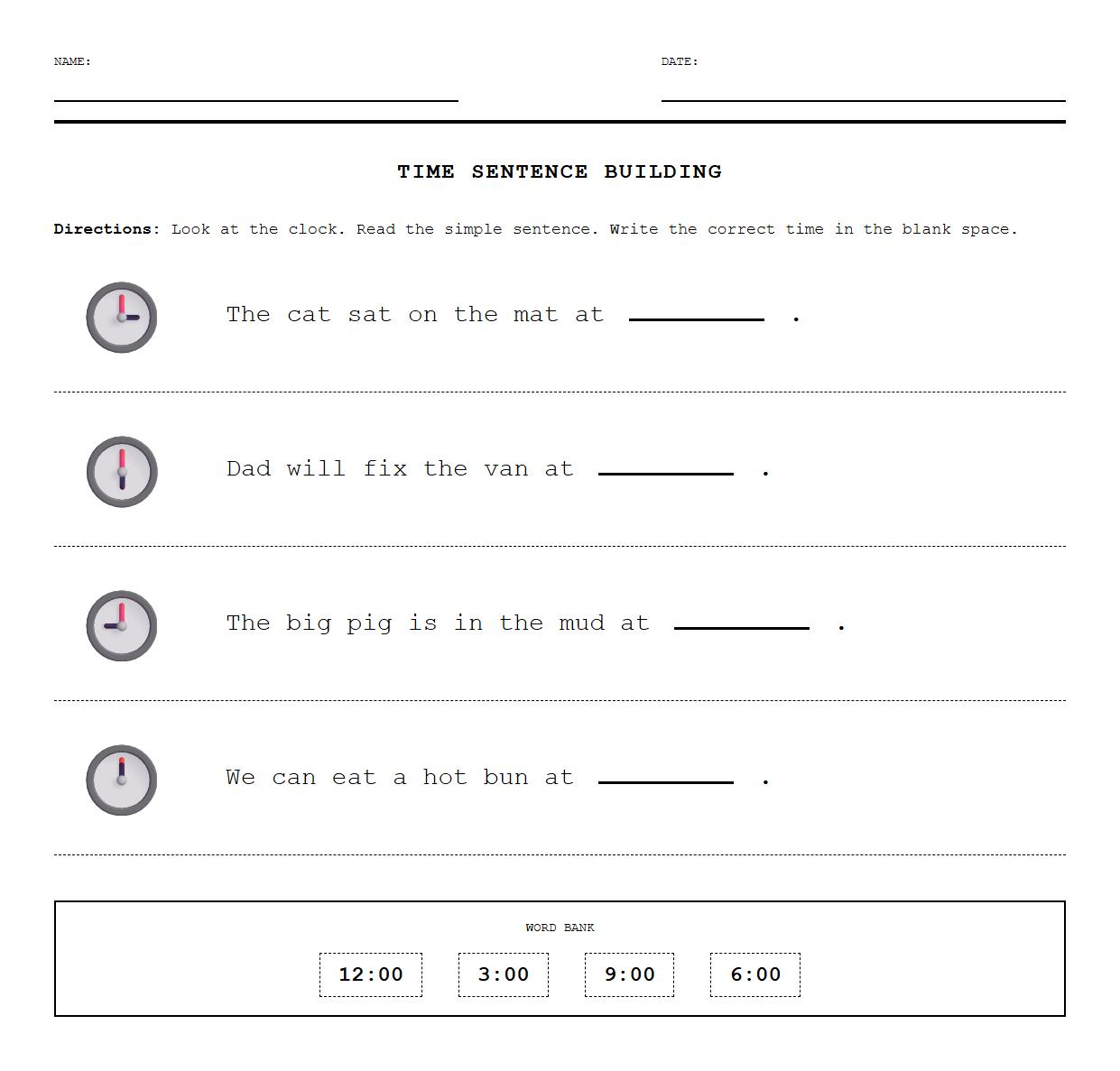 Time Sentence Building with Phonics Clocks