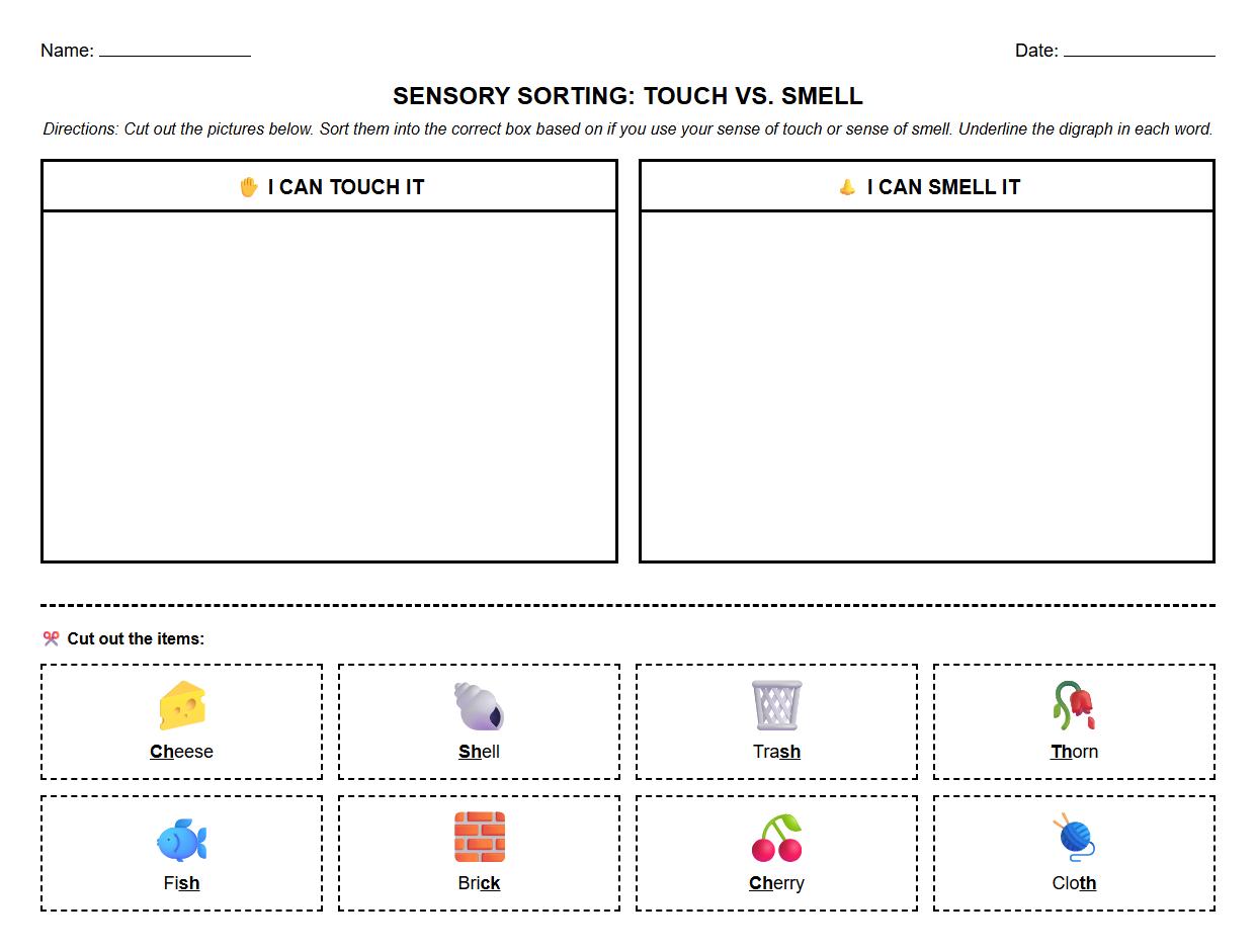 Touch and Smell Sensory Sorting Digraphs Worksheet