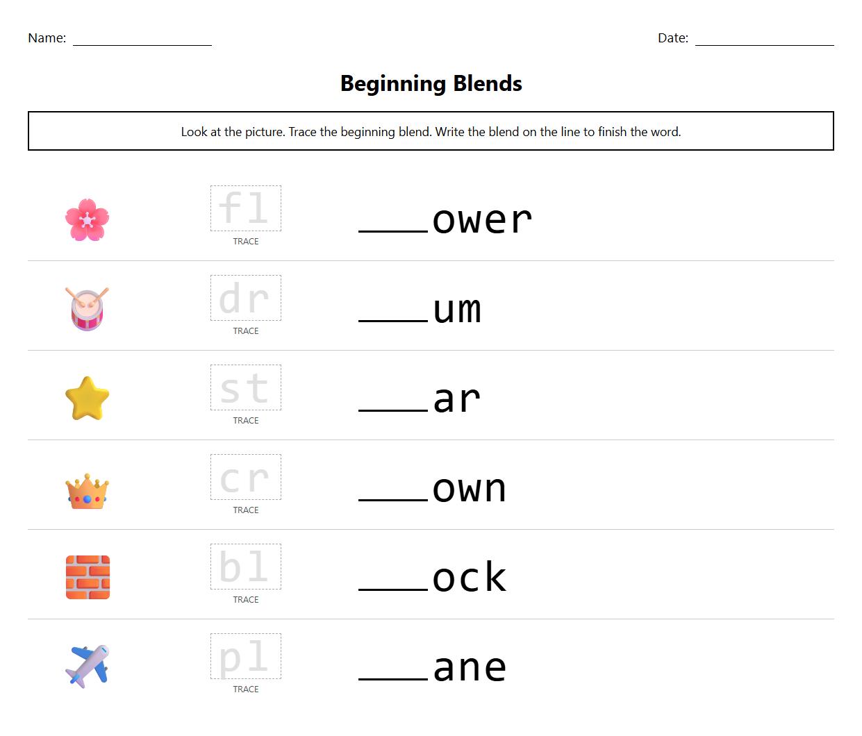 Trace and Write Beginning Blends Phonics Sheet
