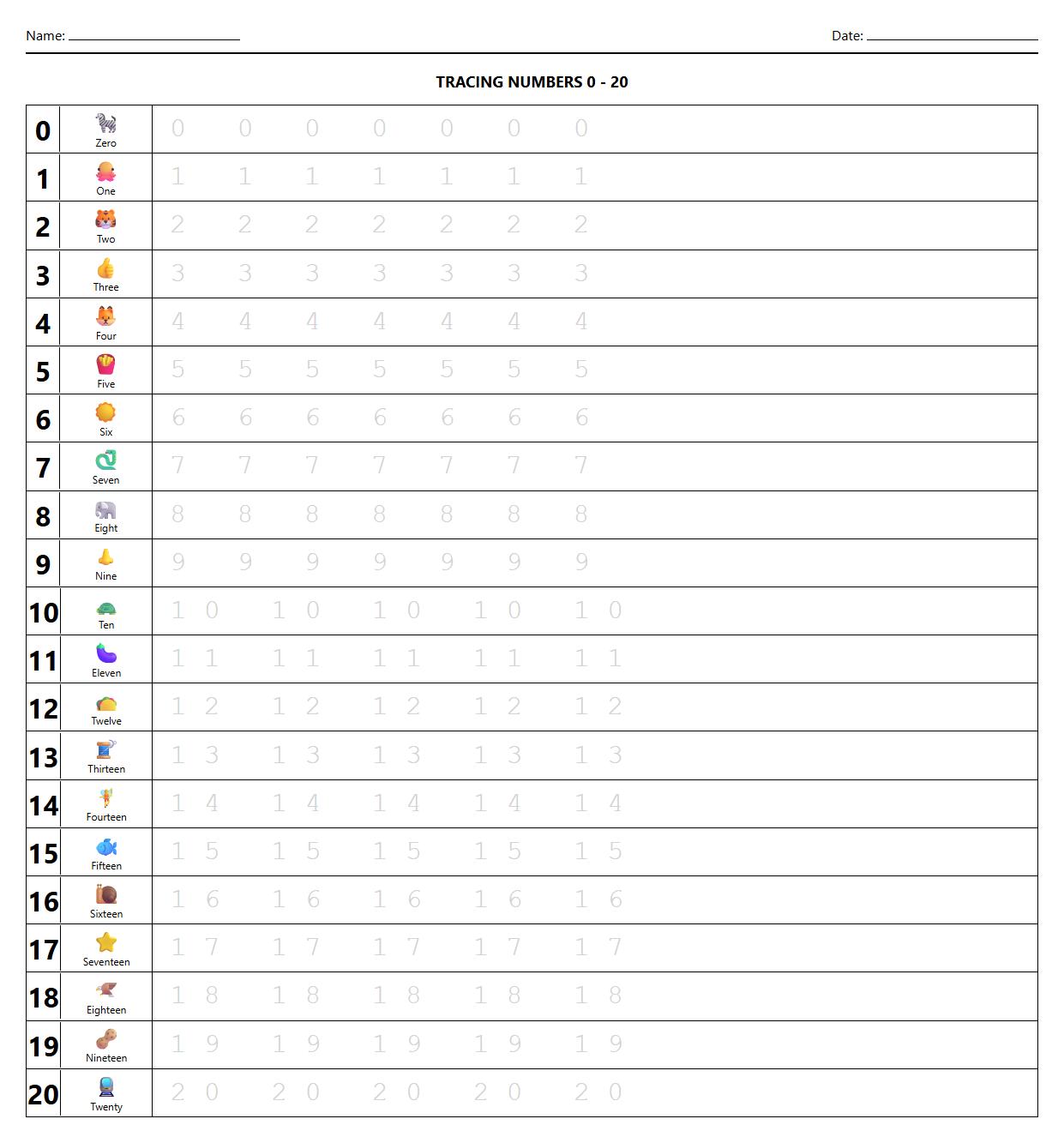 Tracing numbers 0 to 20 with corresponding phonics images