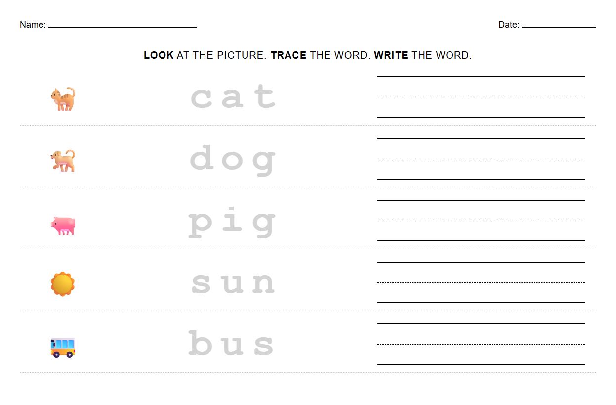 Tracing worksheet with CVC word building using alphabet phonics