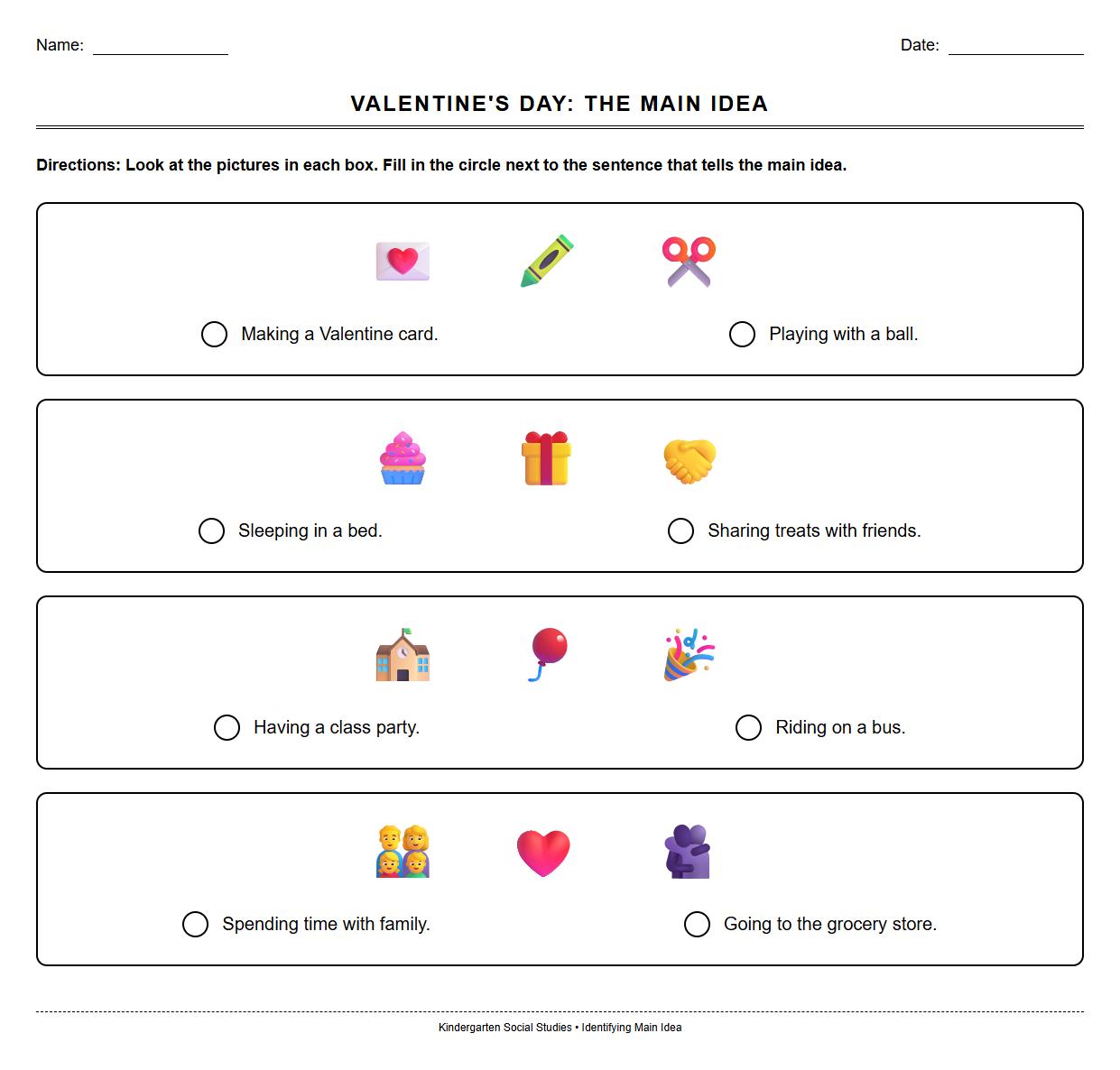 Valentines Day Identifying Main Idea Worksheet