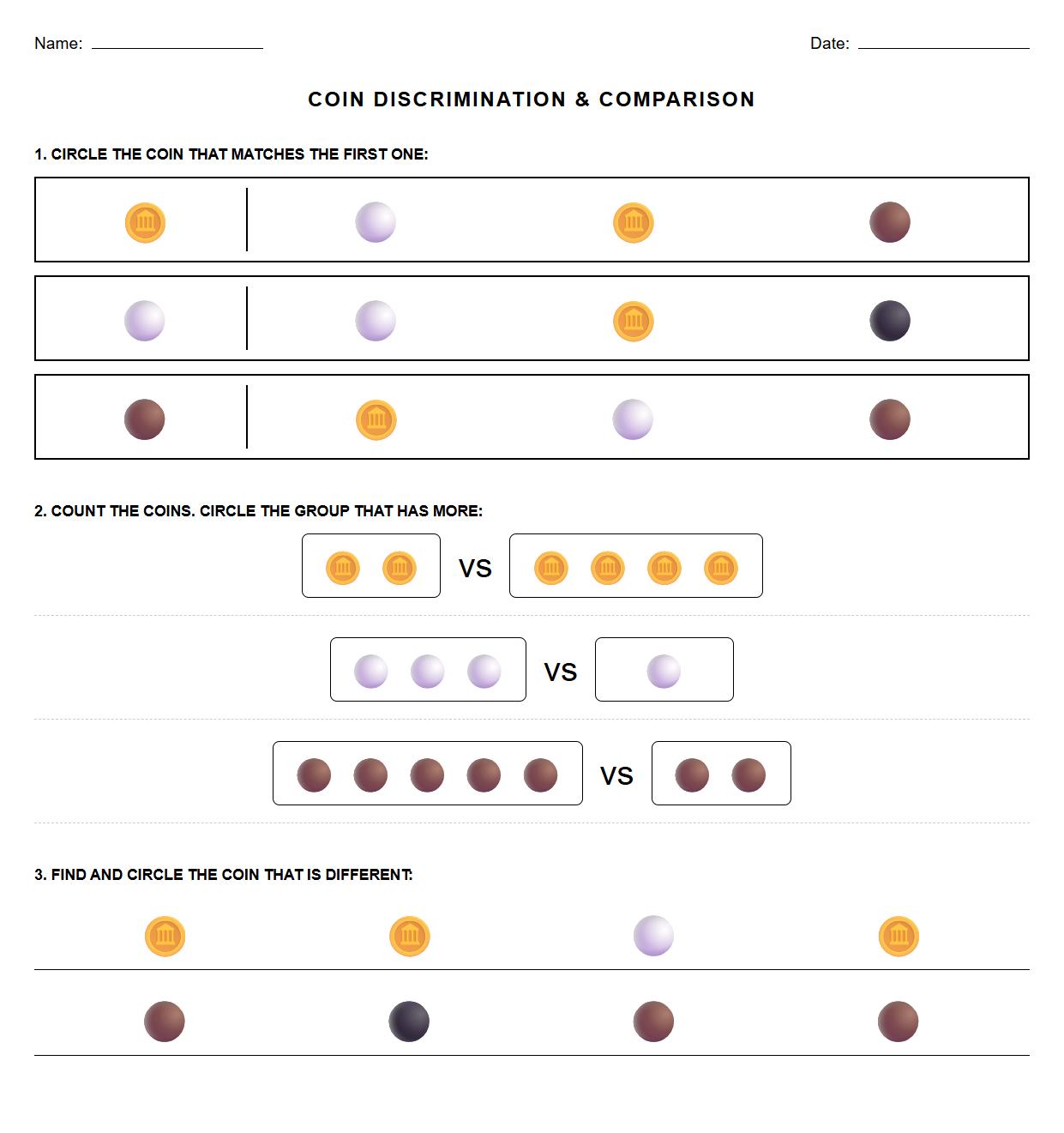 Visual Discrimination Coin Comparison Worksheet