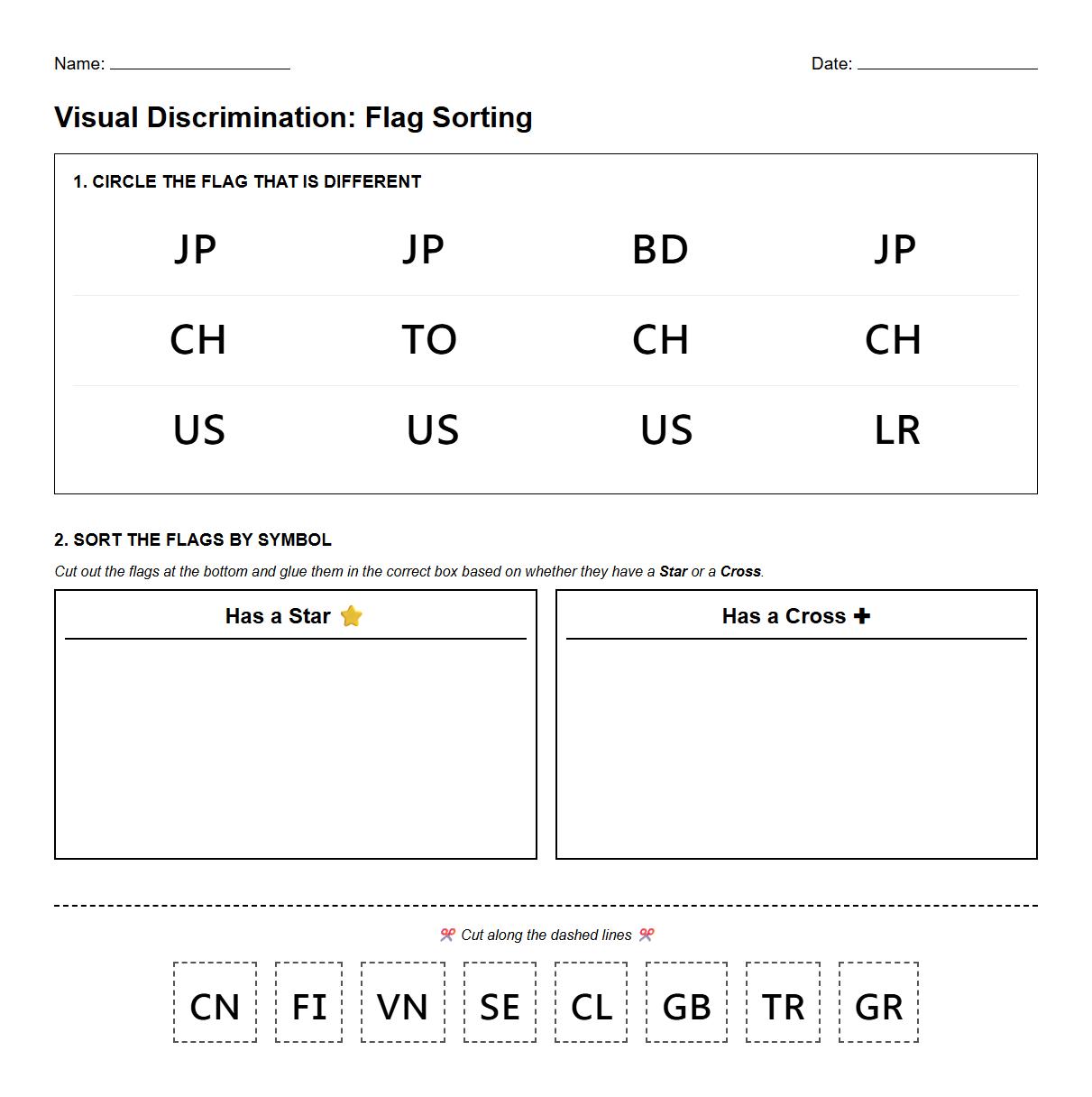 Visual Discrimination: Sorting Country Flags by Colors and Symbols