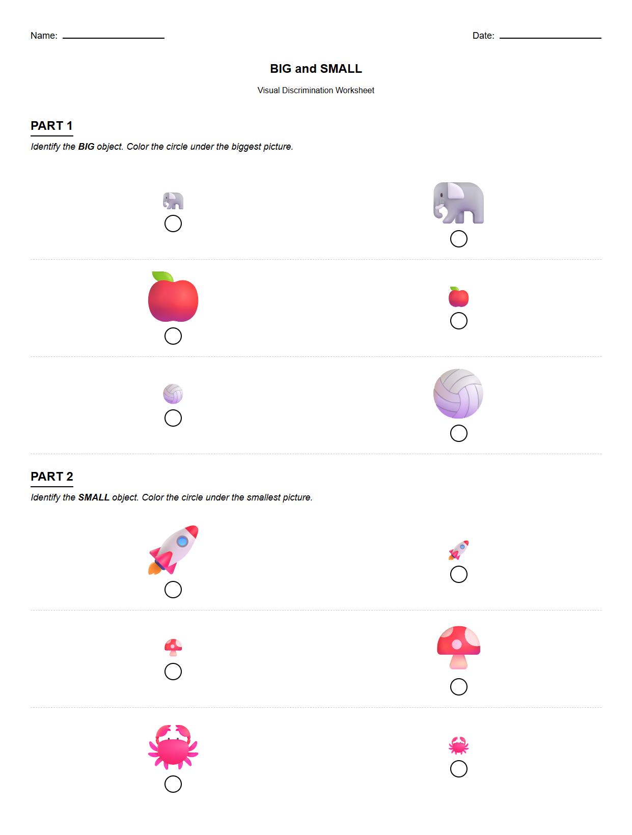 Visual Discrimination Worksheet for Big and Small Object Identification