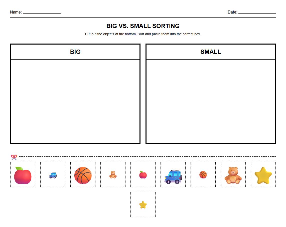 Visual Discrimination worksheet for Kindergarten: Big vs Small Object Sorting