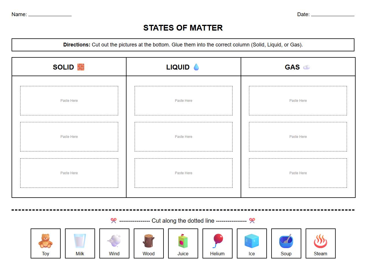 Visual sorting activity aligning various objects with their correct state of matter