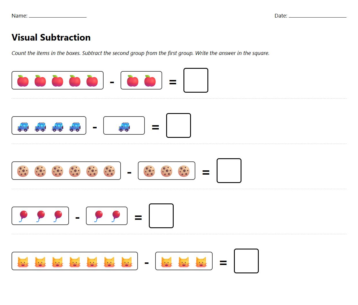 Visual Subtraction Equation Using Manipulatives