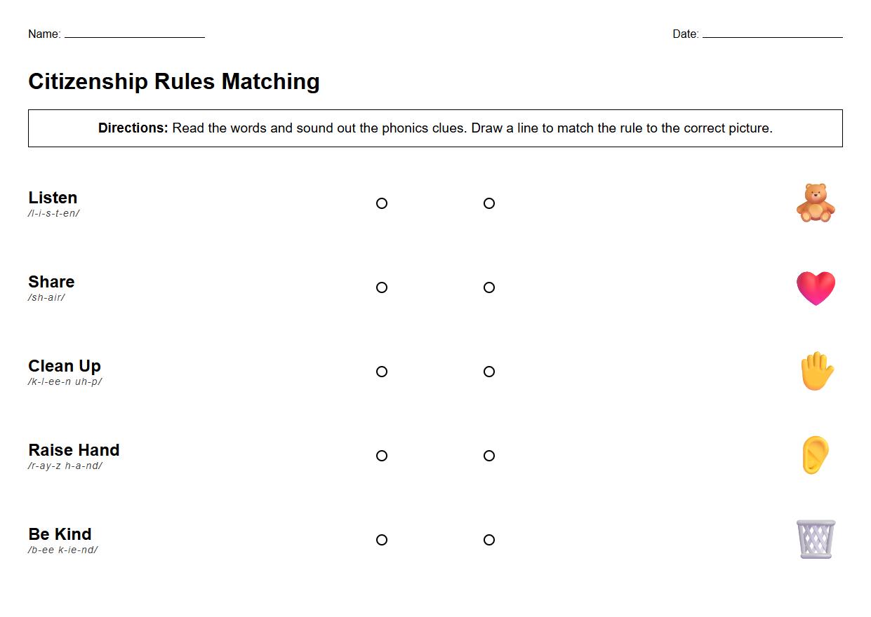 Vocabulary and Picture Matching Worksheet for Citizenship Rules with Phonics Clues