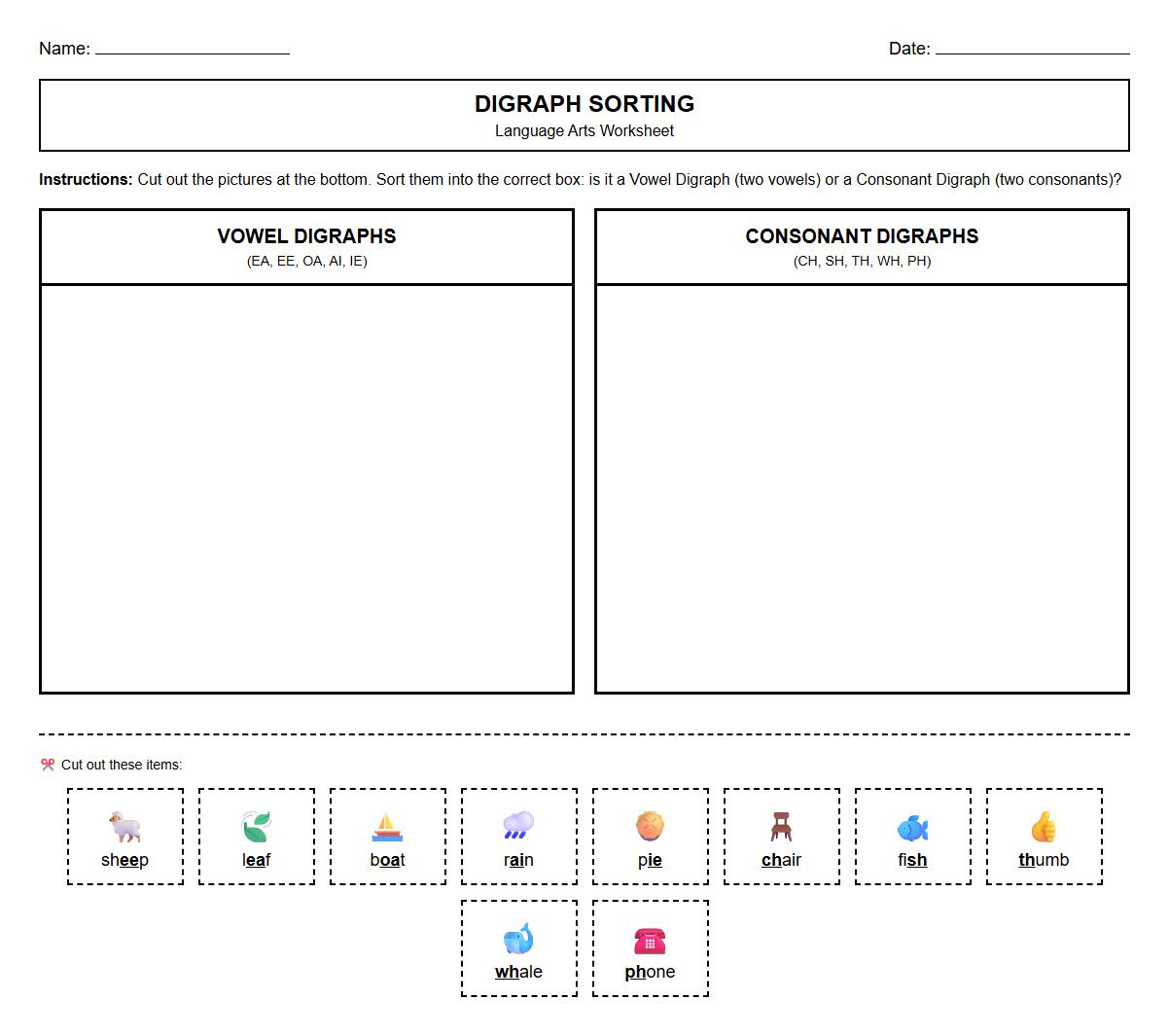 Vowel and Consonant Digraphs Classification Sheet