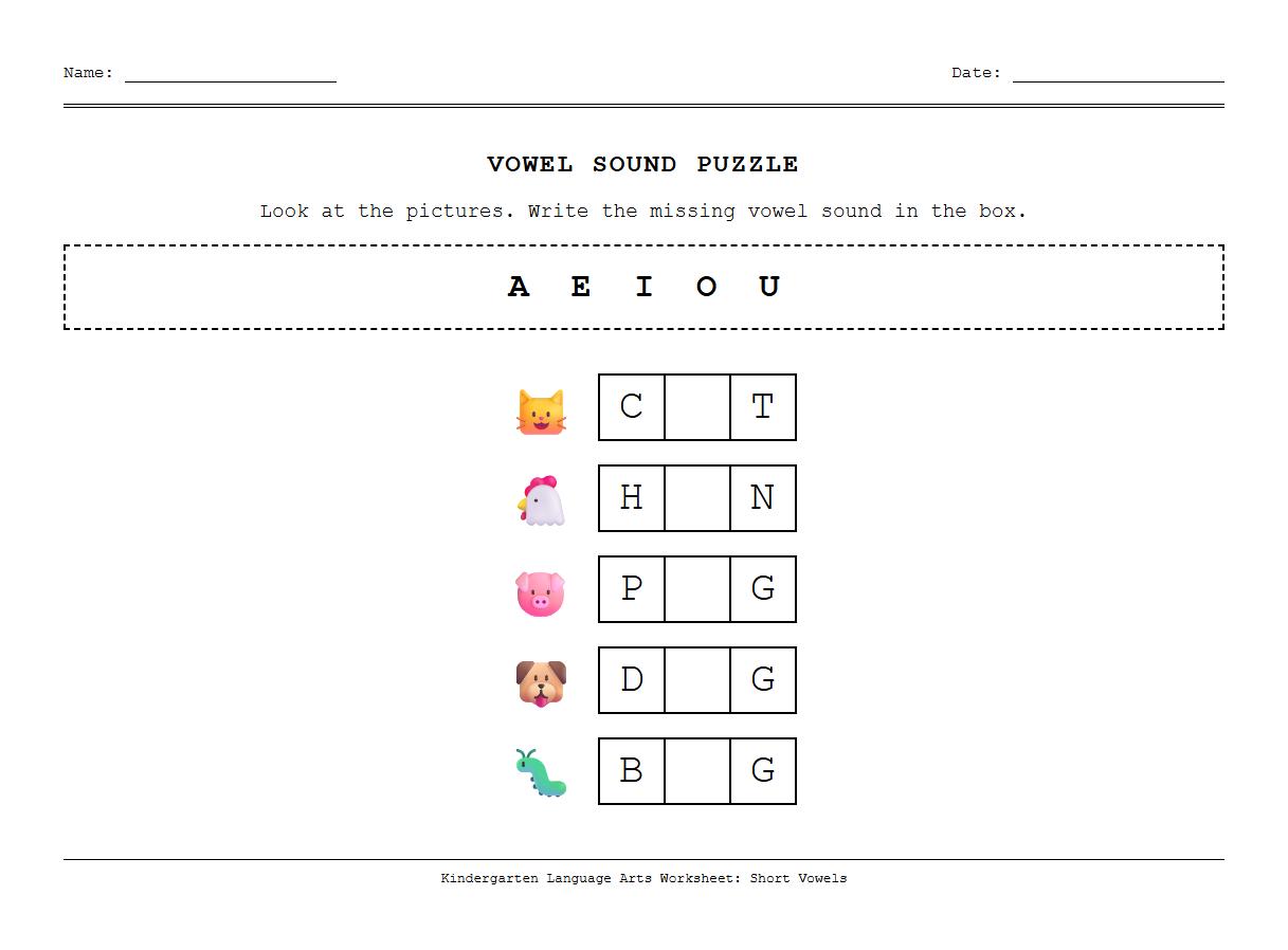Vowel Sound Crossword Puzzle for Kindergarten