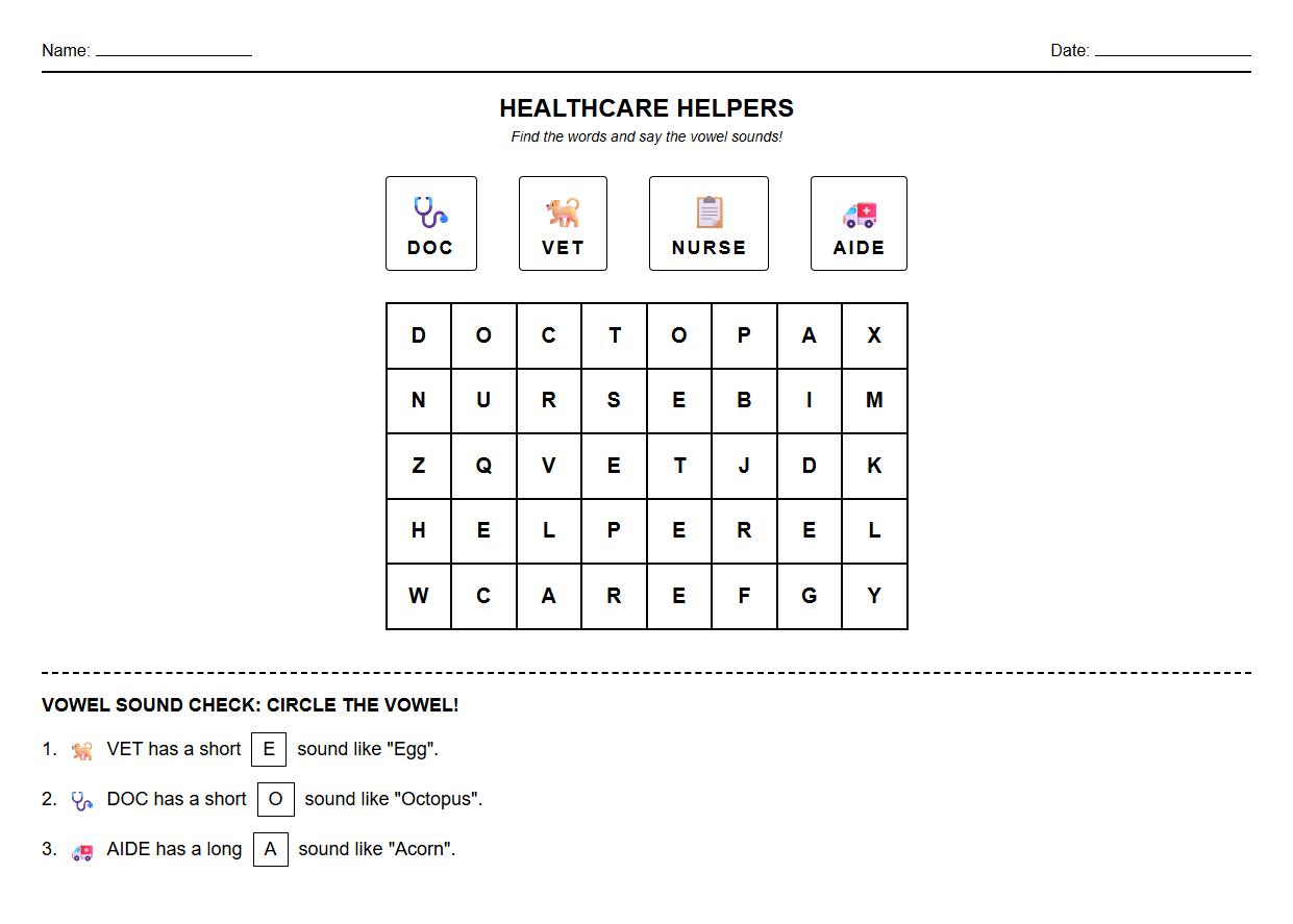 Vowel Sound Discrimination Word Search with Healthcare Providers Terms