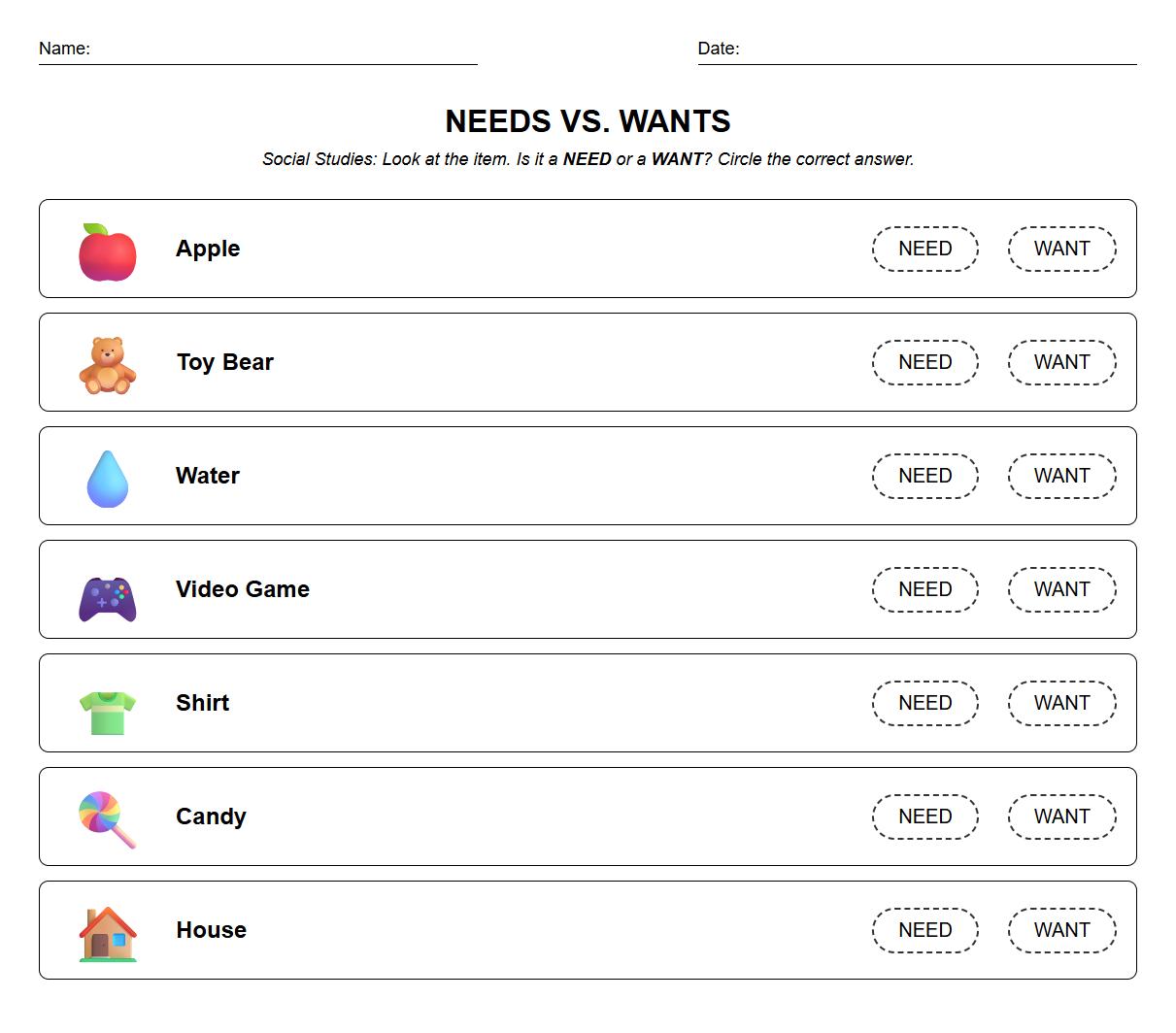 Vowel Sound Needs or Wants Circle the Correct Option