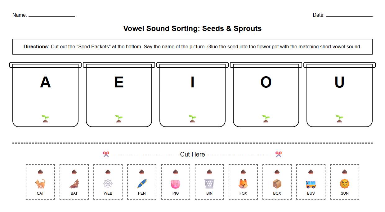 Vowel Sound Sorting Worksheet Using Seed and Sprout Images