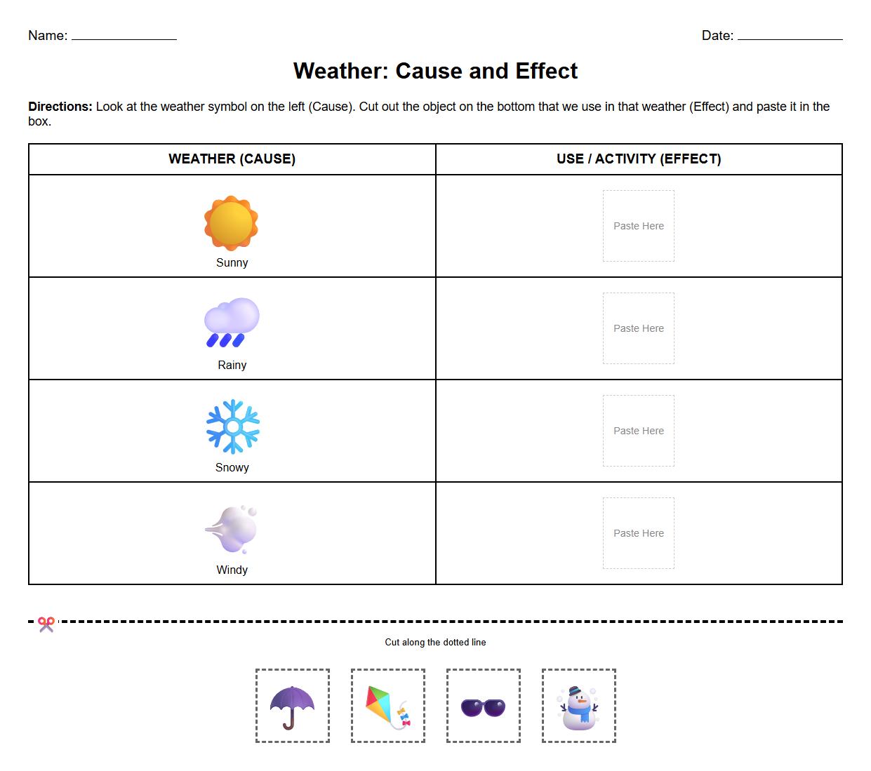 Weather Symbols Cause and Effect Cut and Paste Worksheet