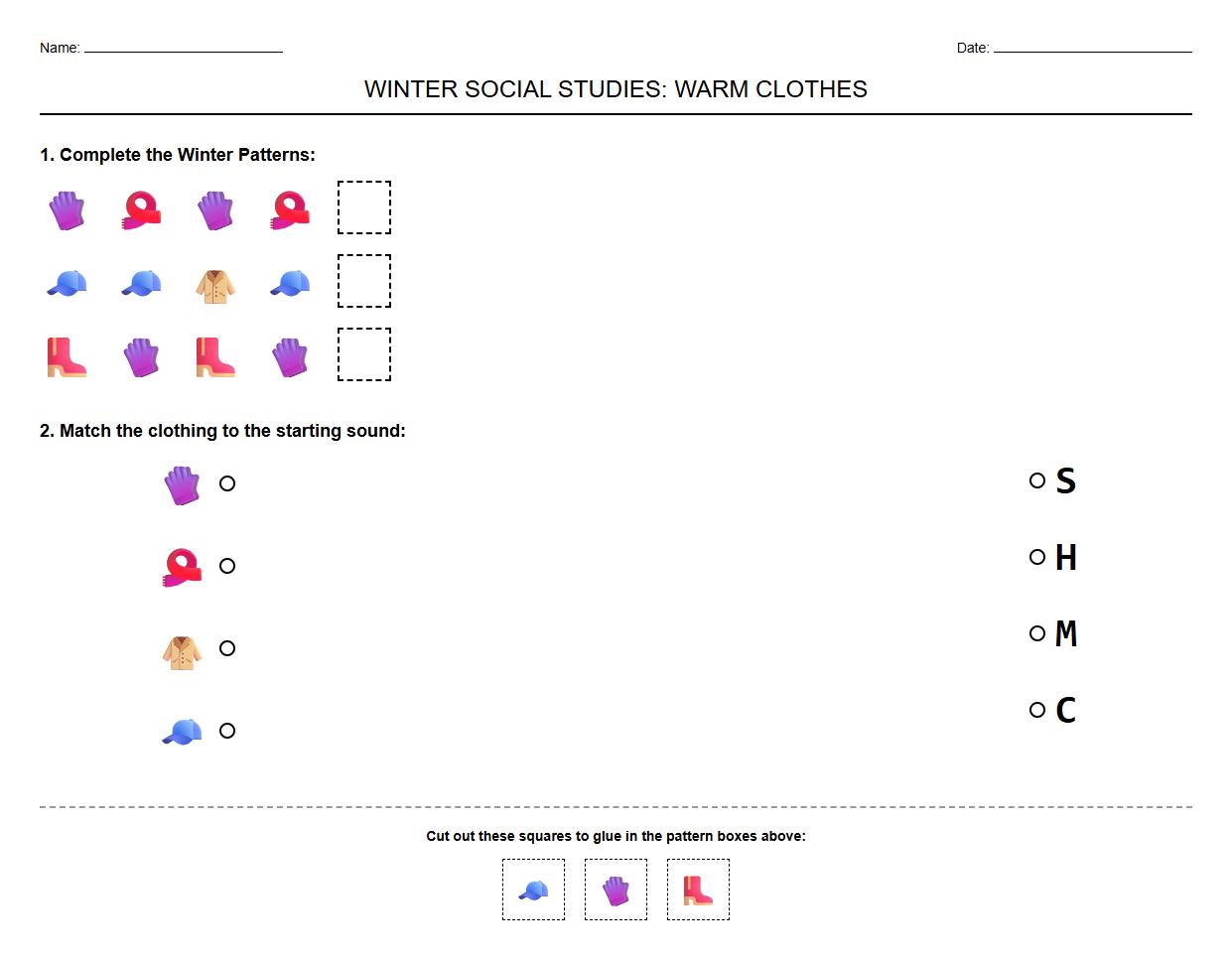 Winter Mittens Pattern Repetition and Phonics Matching