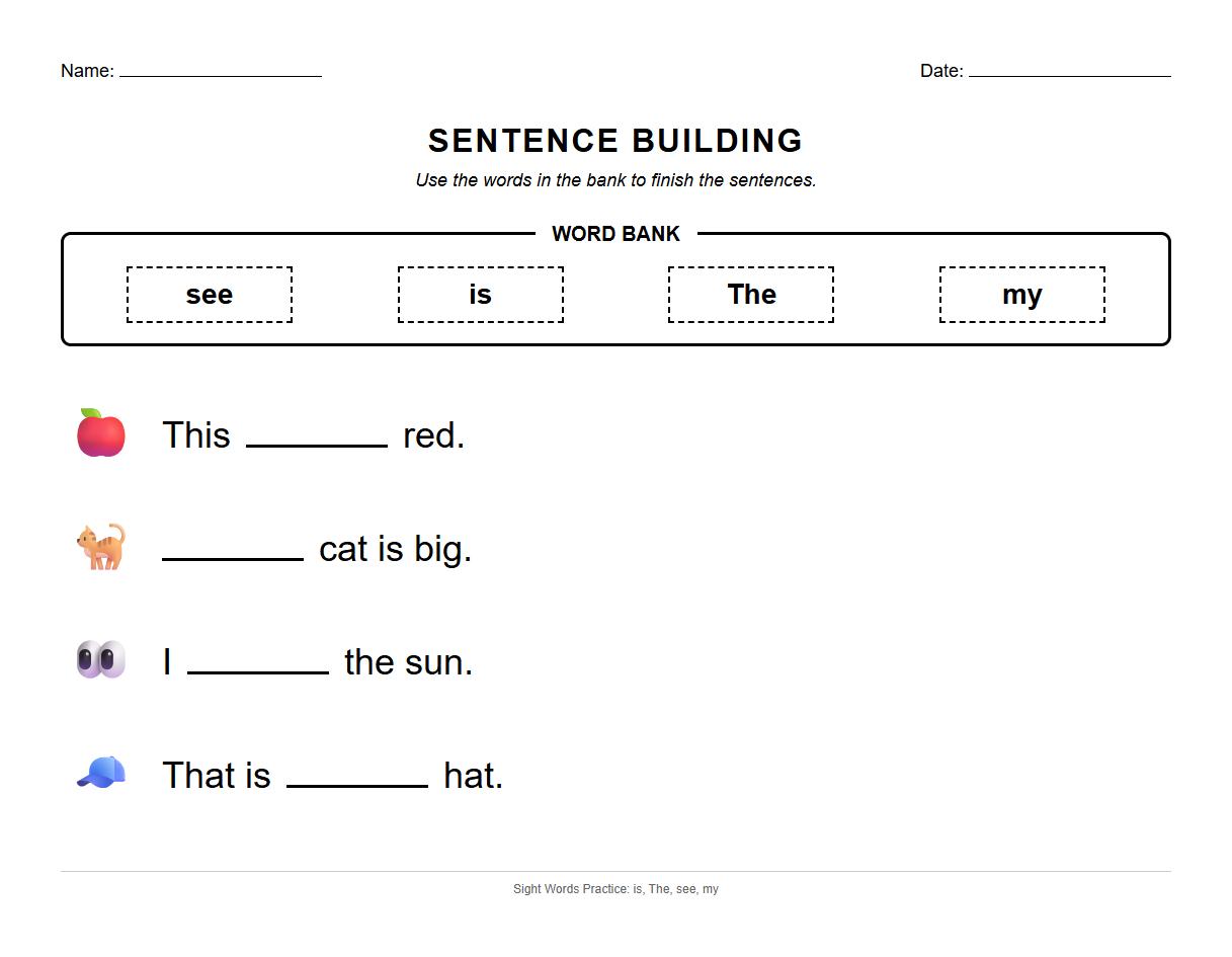 Word Bank Sentence Building with Sight Words Worksheet