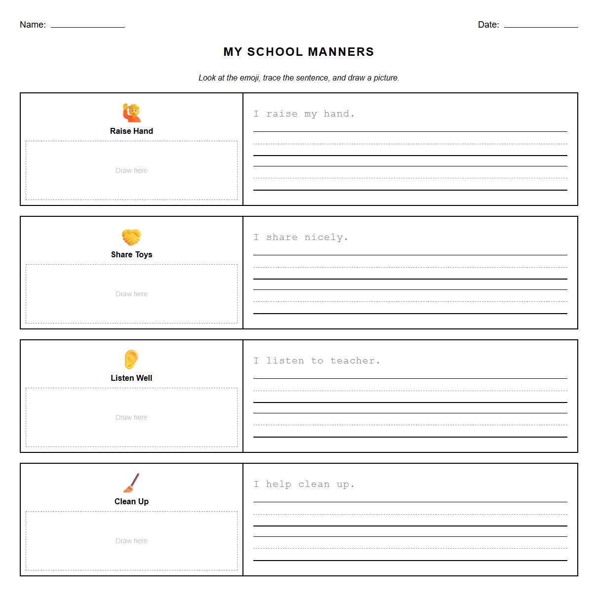 Write and draw worksheet illustrating school manners