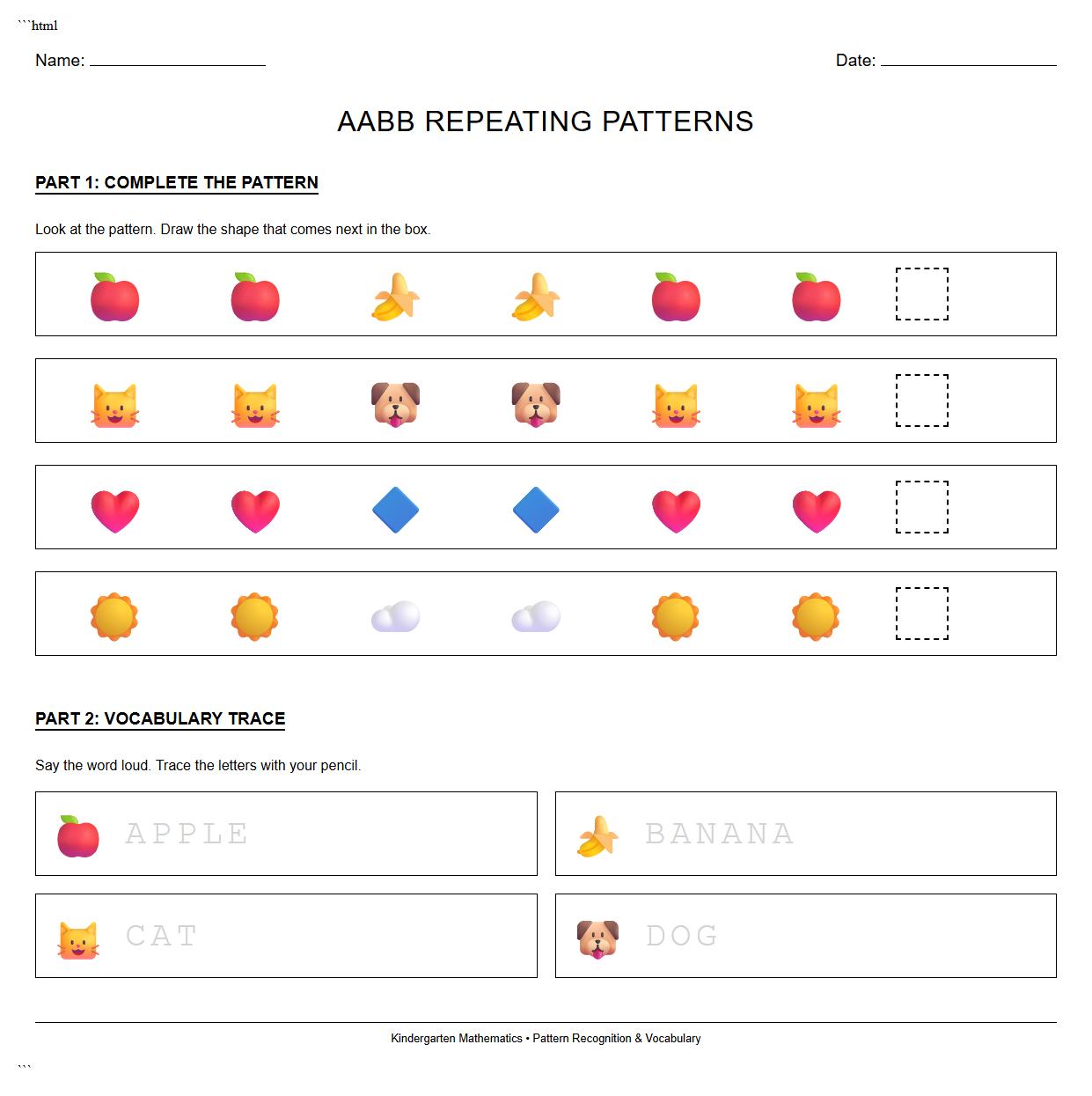 AABB Repeating Pattern with Vocabulary Development Worksheet