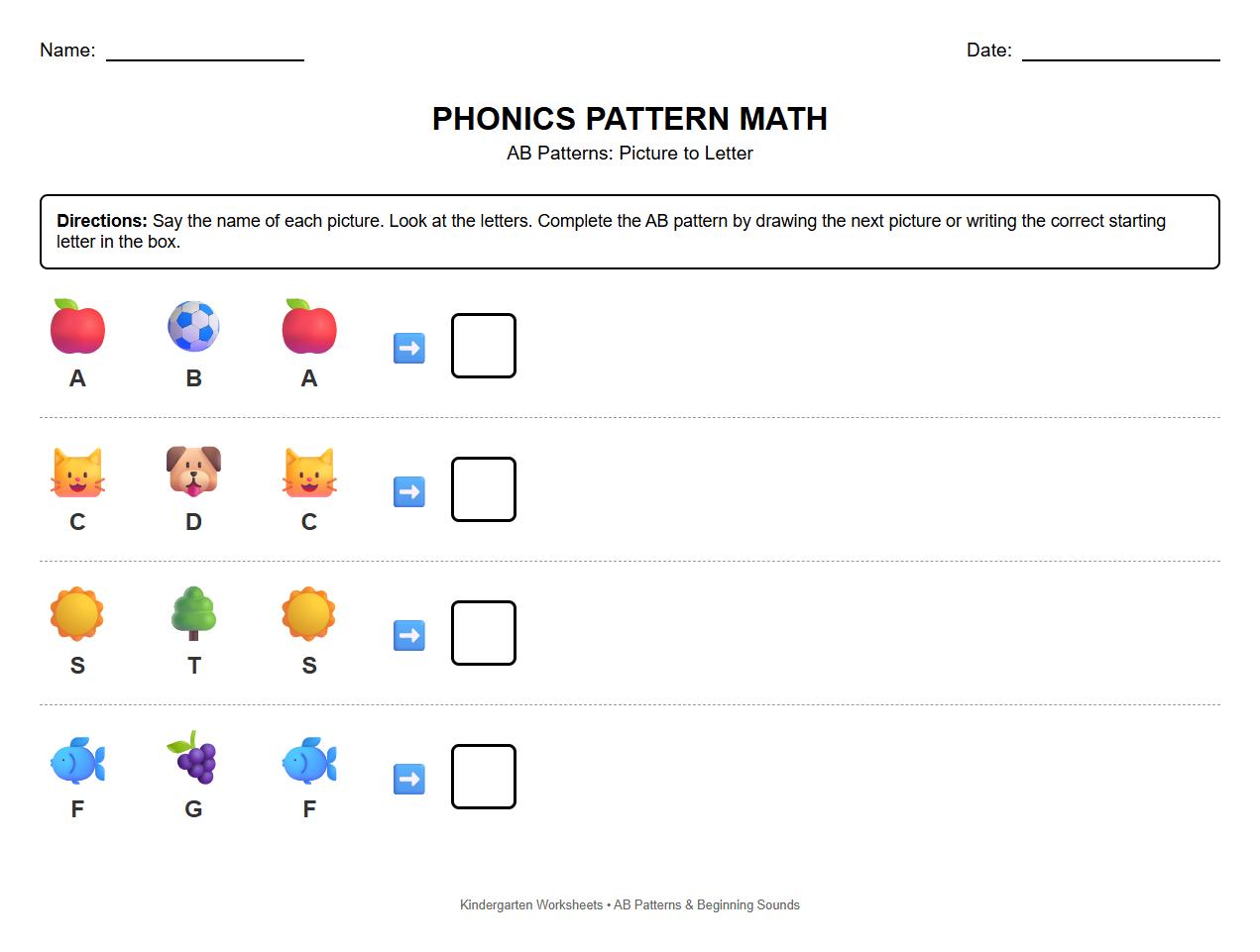 AB Pattern Picture to Letter Phonics Worksheet