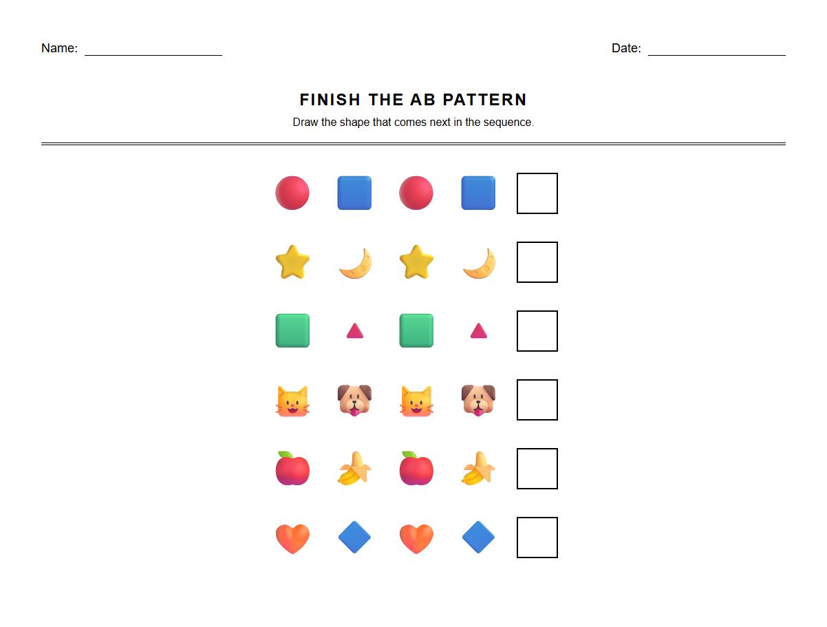 AB Pattern Shape Sequencing Worksheet
