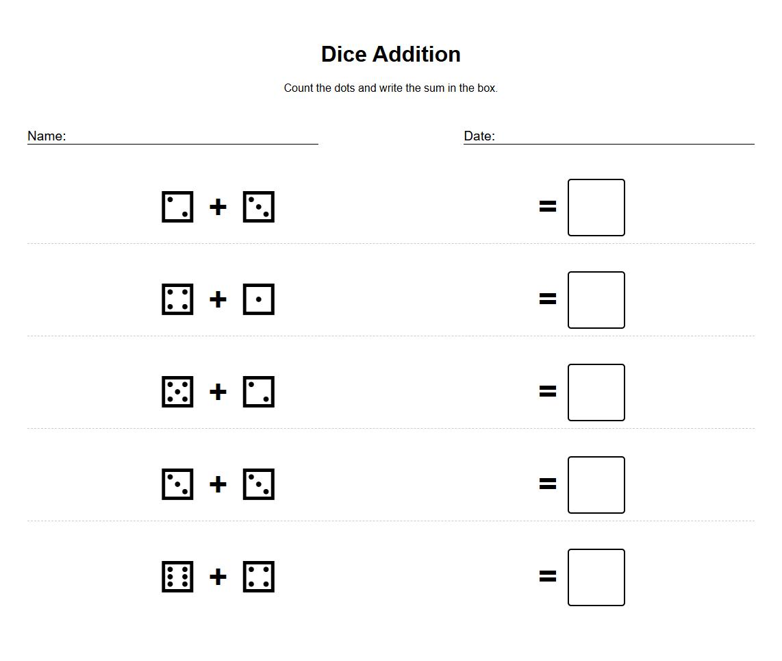 Addition with Dice Pattern Recognition Worksheet