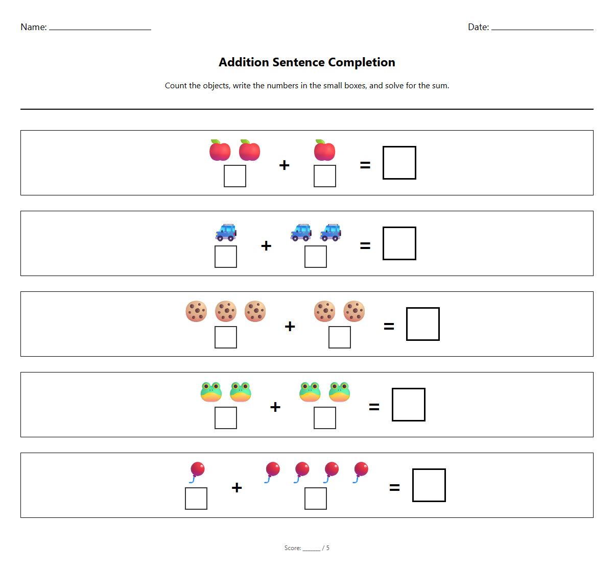 Addition Sentence Completion Worksheet using Manipulatives