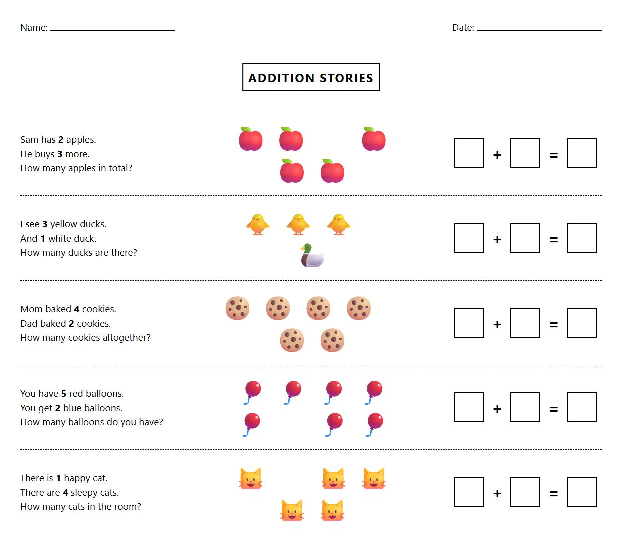 Addition stories worksheet with real life scenarios and manipulatives