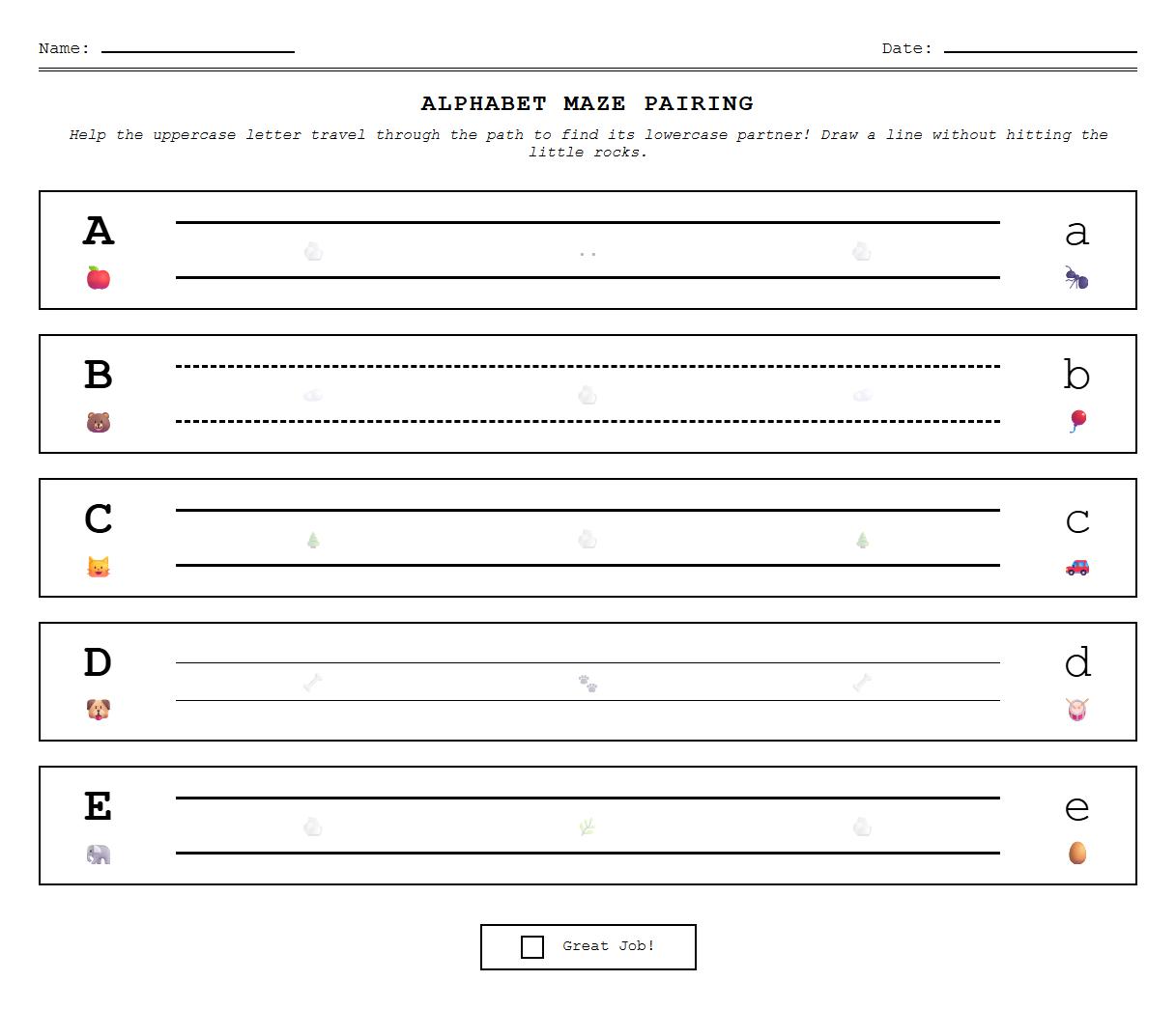 Alphabet maze worksheet for finding and pairing uppercase and lowercase letters