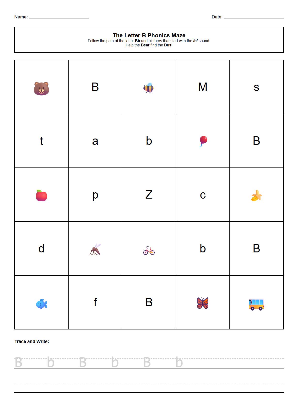 Alphabet maze worksheet integrating phonics sound tracing paths