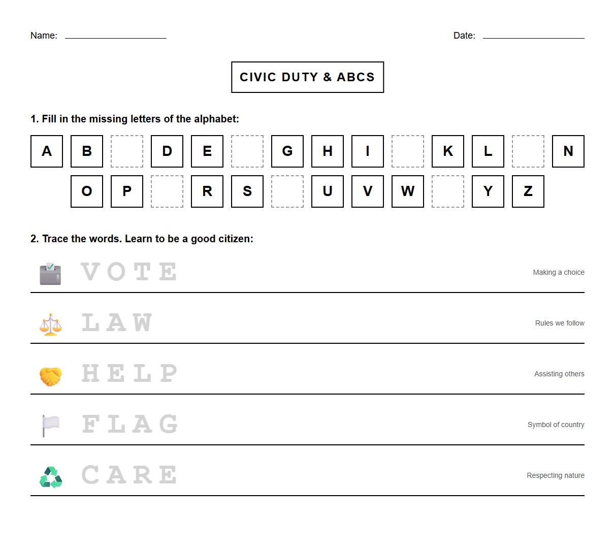 Alphabet Order and Tracing with Civic Duty Terminology Worksheet