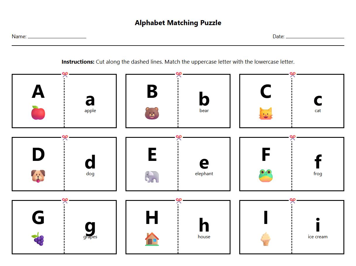 Alphabet Uppercase and Lowercase Matching Puzzle Phonics Worksheet