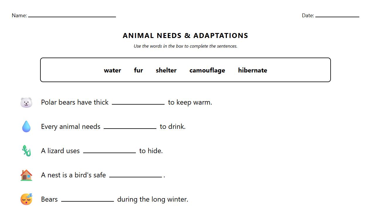 Animal Adaptations and Needs Fill in the Blanks Worksheet