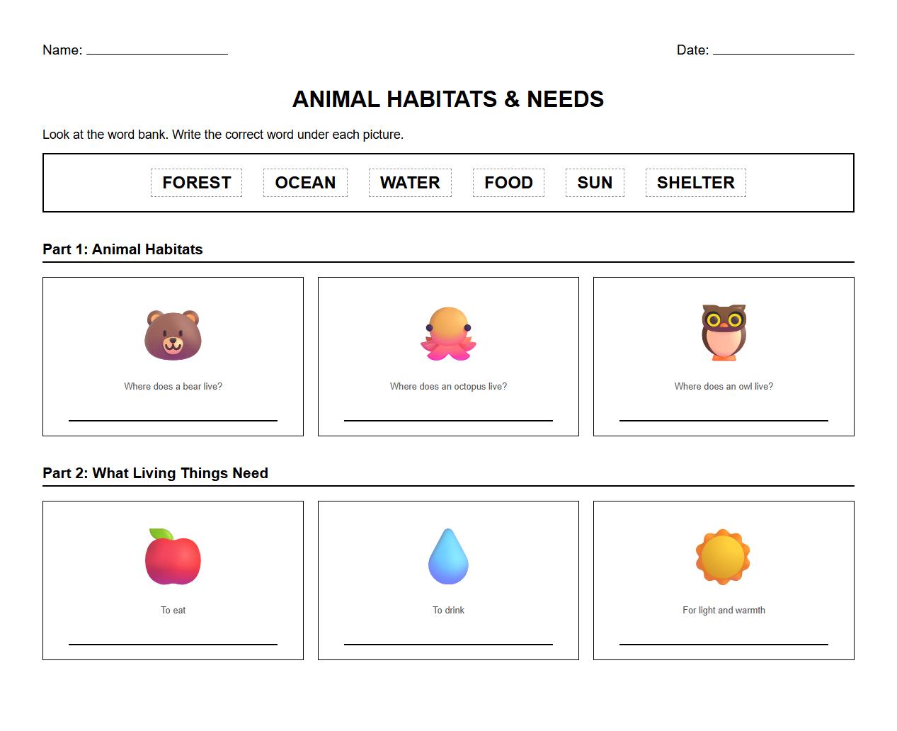 Animal Habitat and Needs Labeling Worksheet with Vocabulary