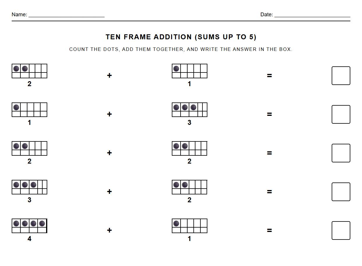 Basic Addition worksheet with sum within 5 using ten frames