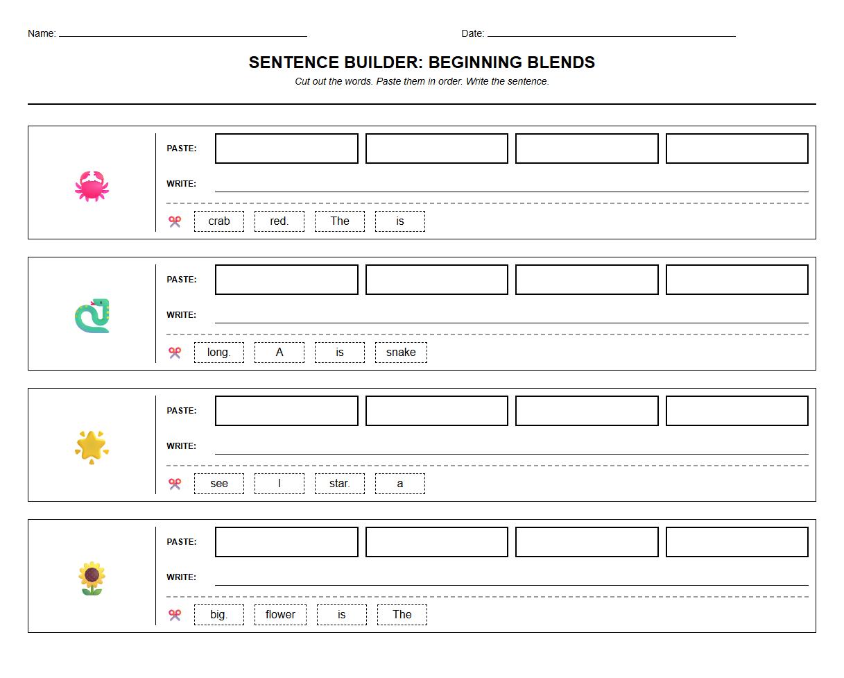 Beginning Blends Sentence Construction Sheets