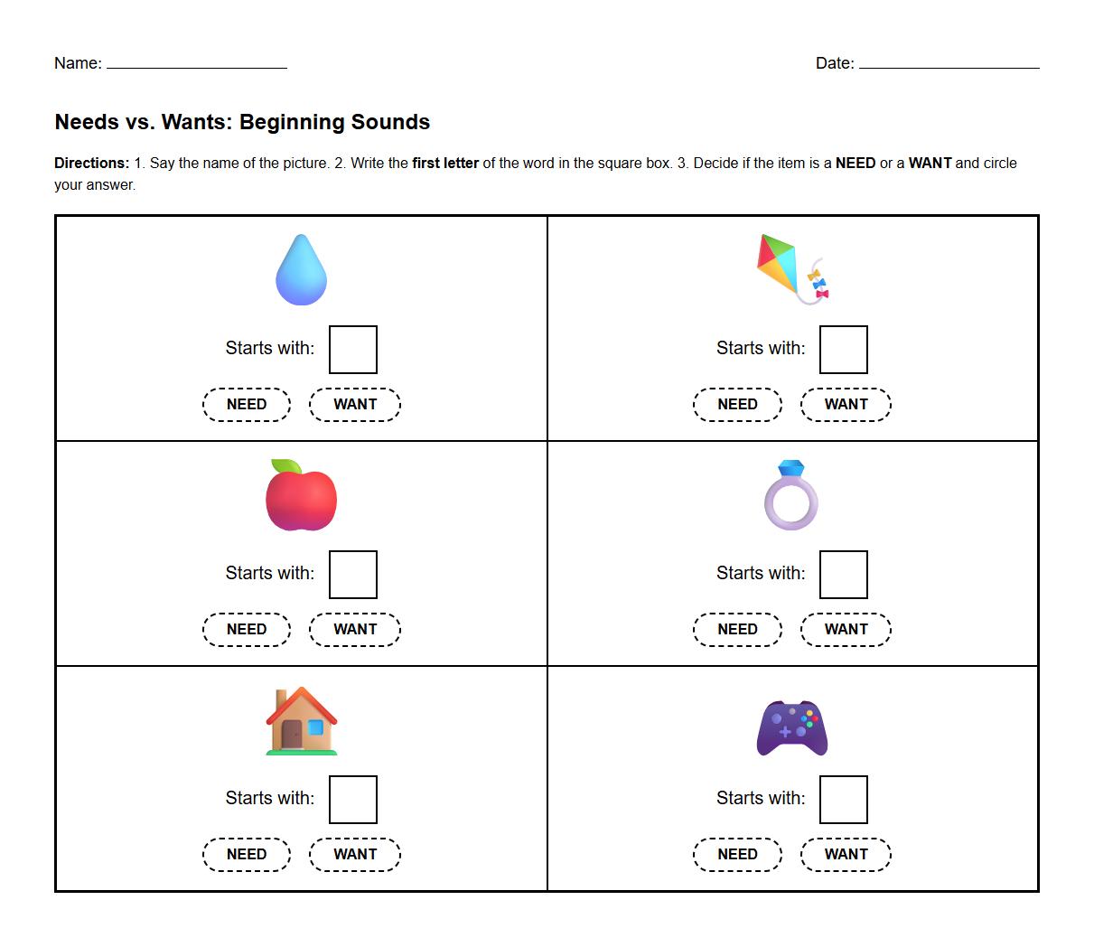 Beginning Letter Needs and Wants Classification Task