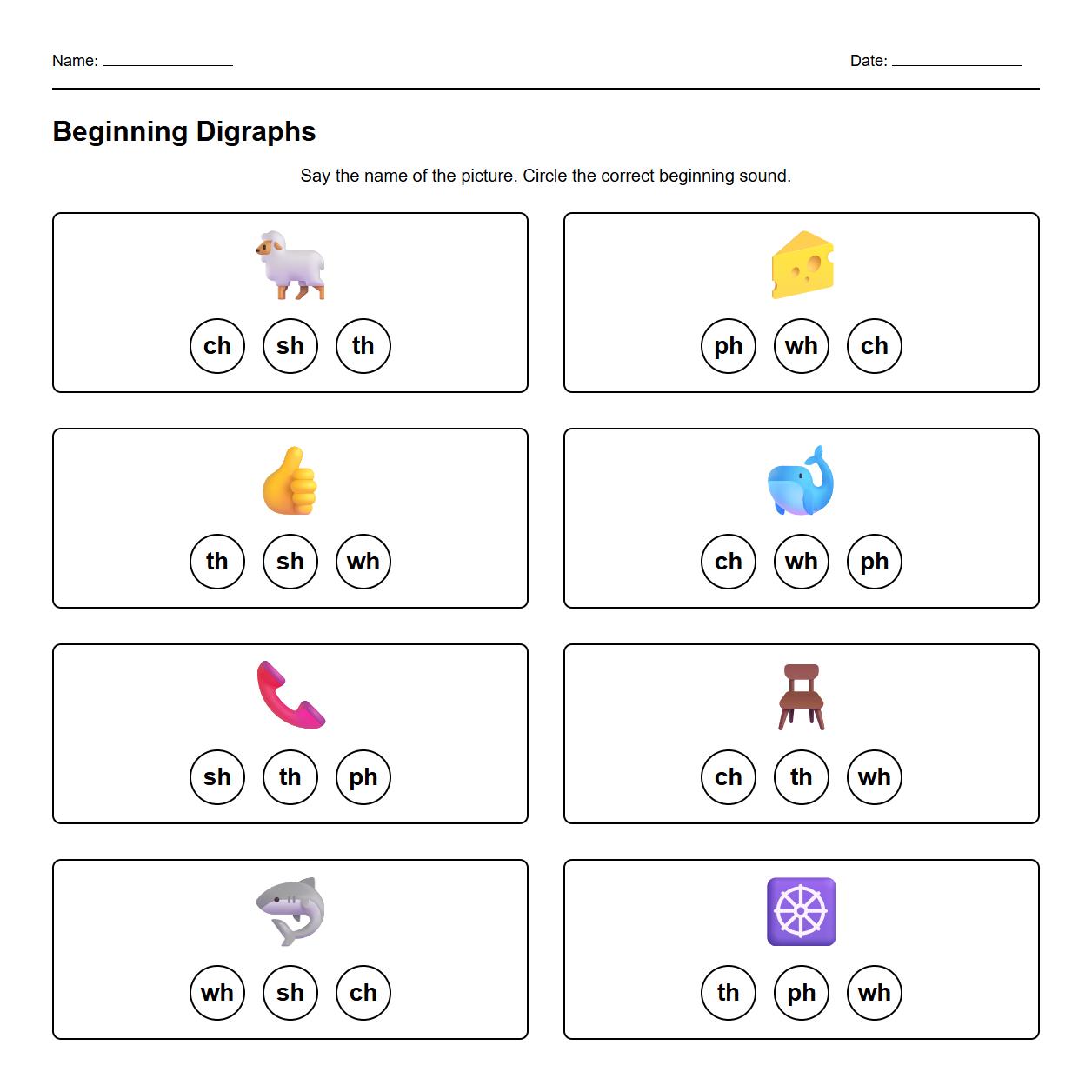 Beginning Sound Digraph Identification Worksheet